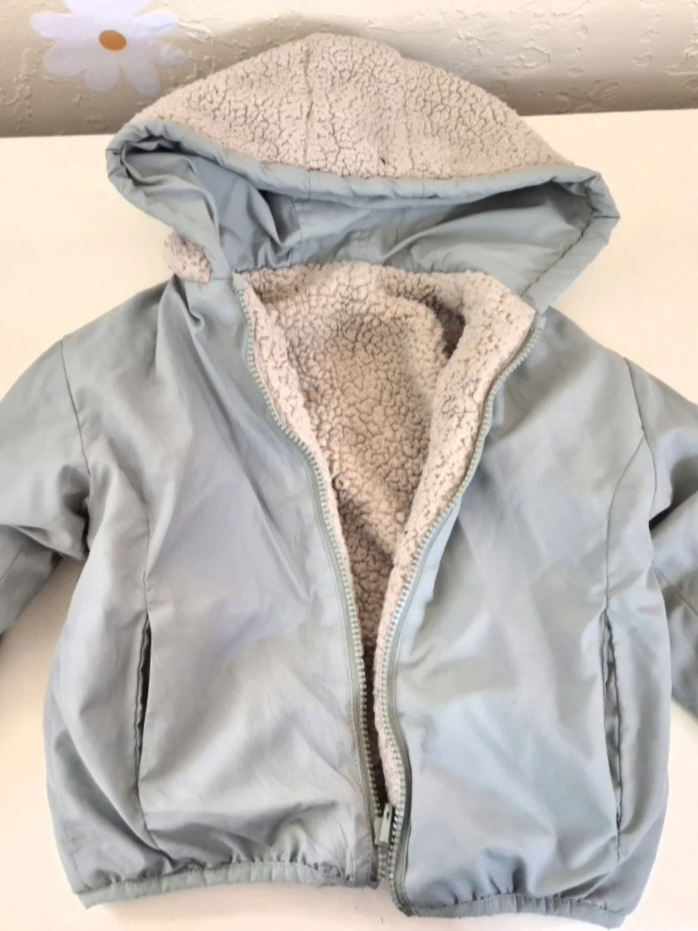 Kids Hooded Winter Jacket, Reversable, in Light Blue/Green And Sherpa